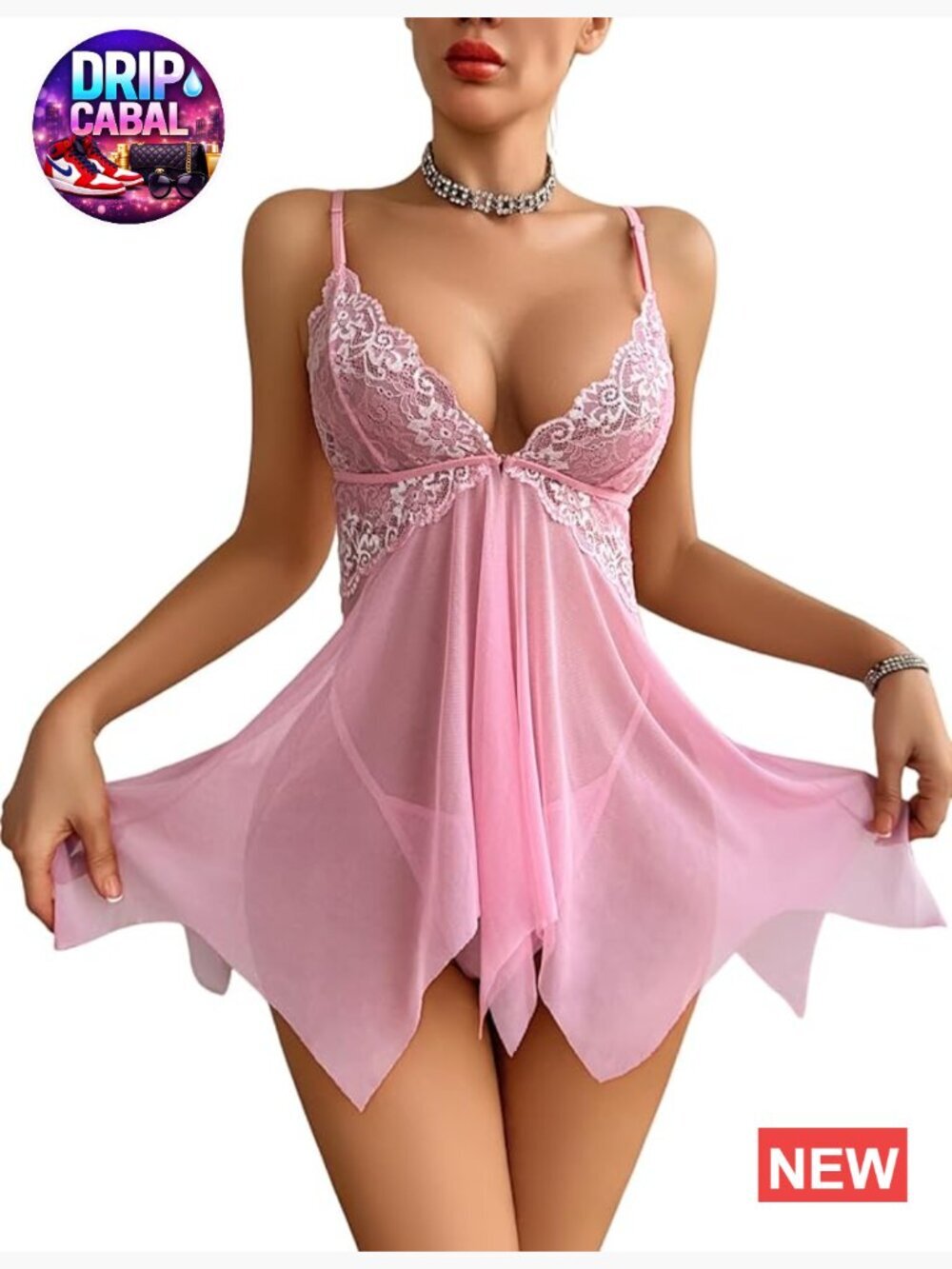 Front Closure Lace Babydoll Chemise Mesh V Neck Dress with Thong